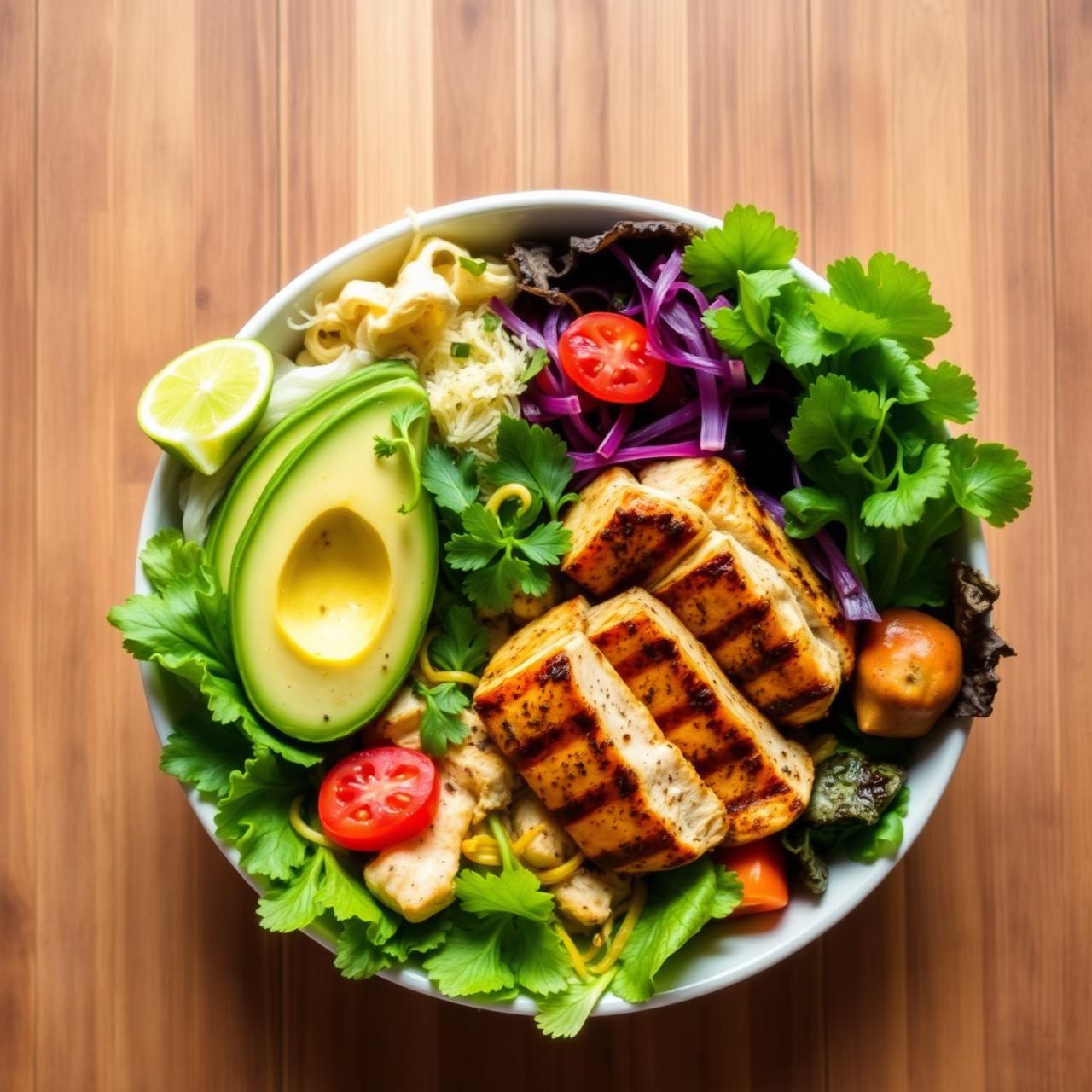 Plato saludable con pollo, aguacate y vegetales
