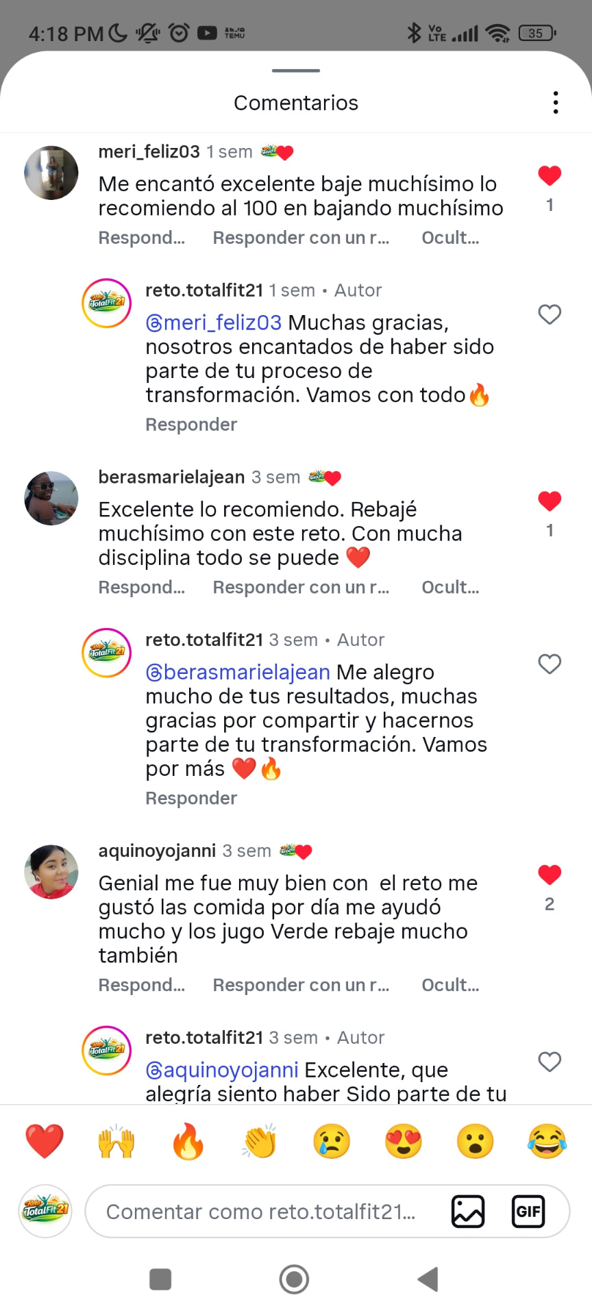 Comentario de Instagram: bajé muchísimo con este reto