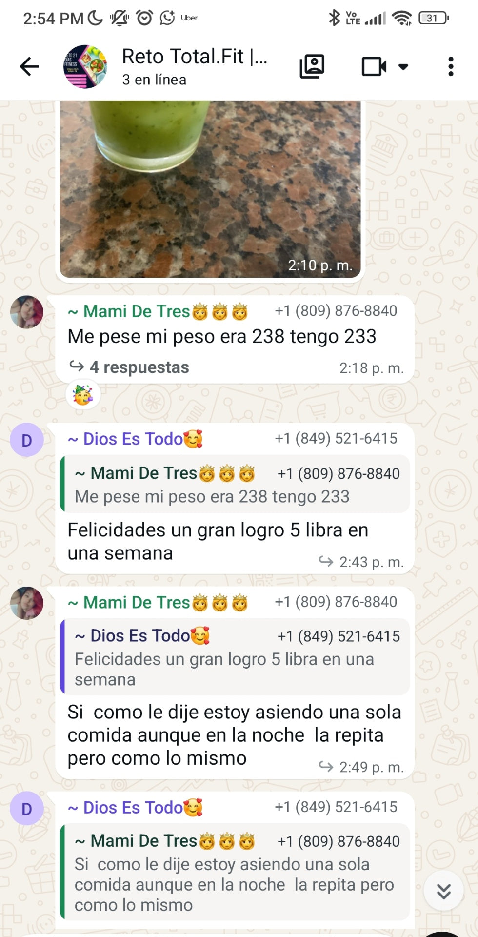 WhatsApp: Mami De Tres bajó 5 libras en una semana (238 a 233)
