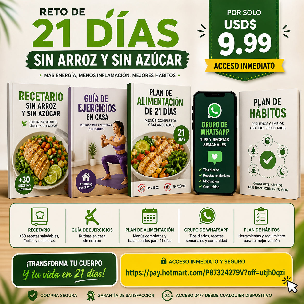 Pack completo: recetario, guía de ejercicios, plan de alimentación, grupo de WhatsApp y plan de hábitos