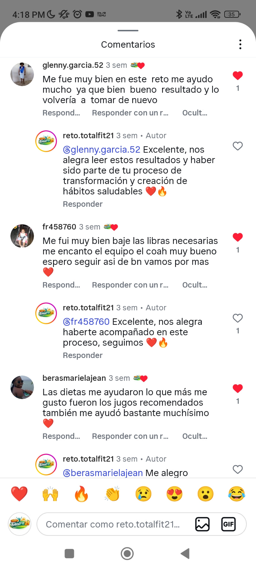 Comentario de Instagram: me fue muy bien en este reto