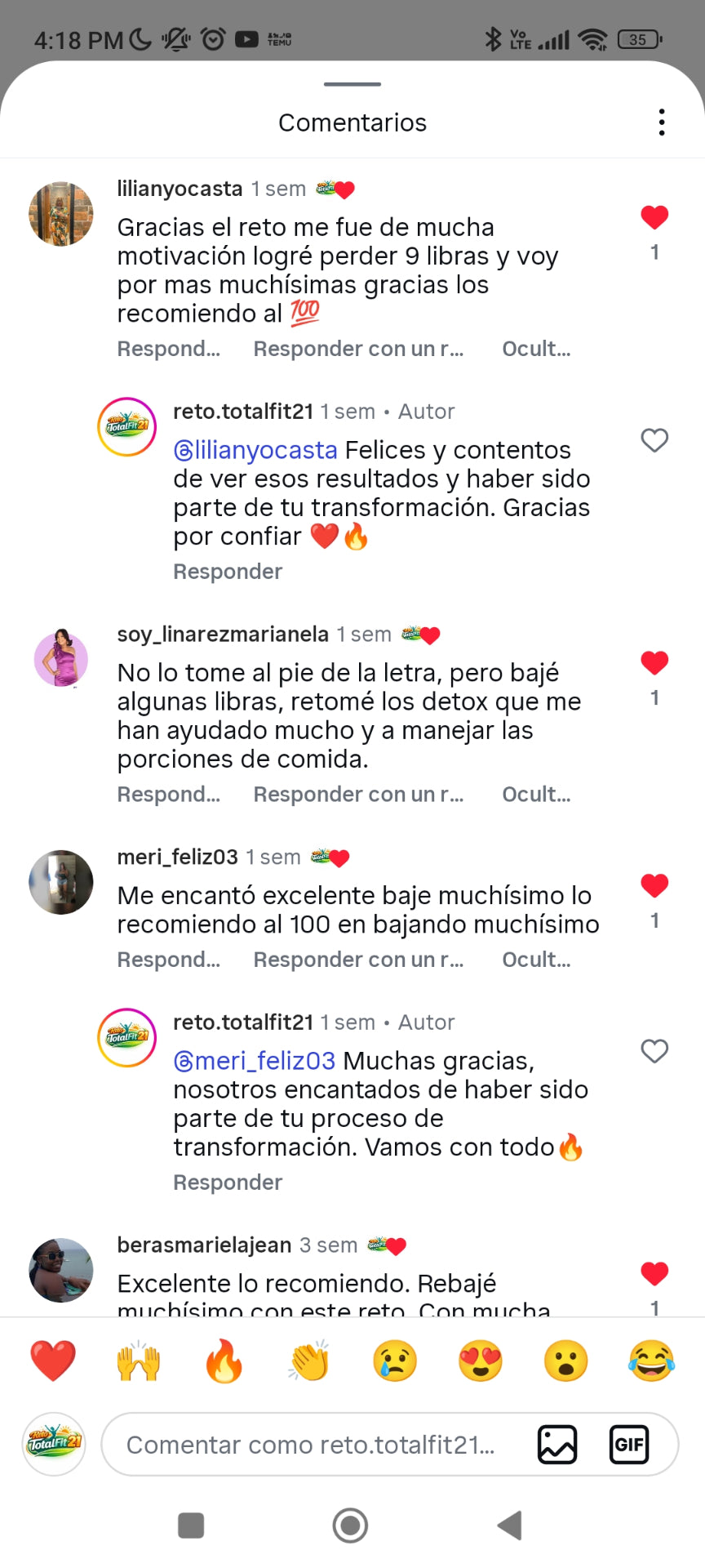 Comentario de Instagram: logré perder 9 libras