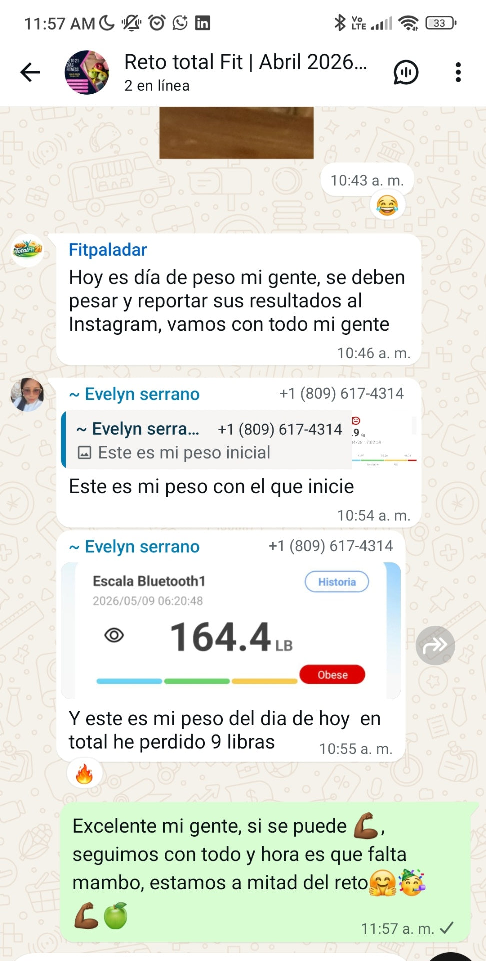 WhatsApp: Evelyn Serrano reporta -9 libras en la báscula