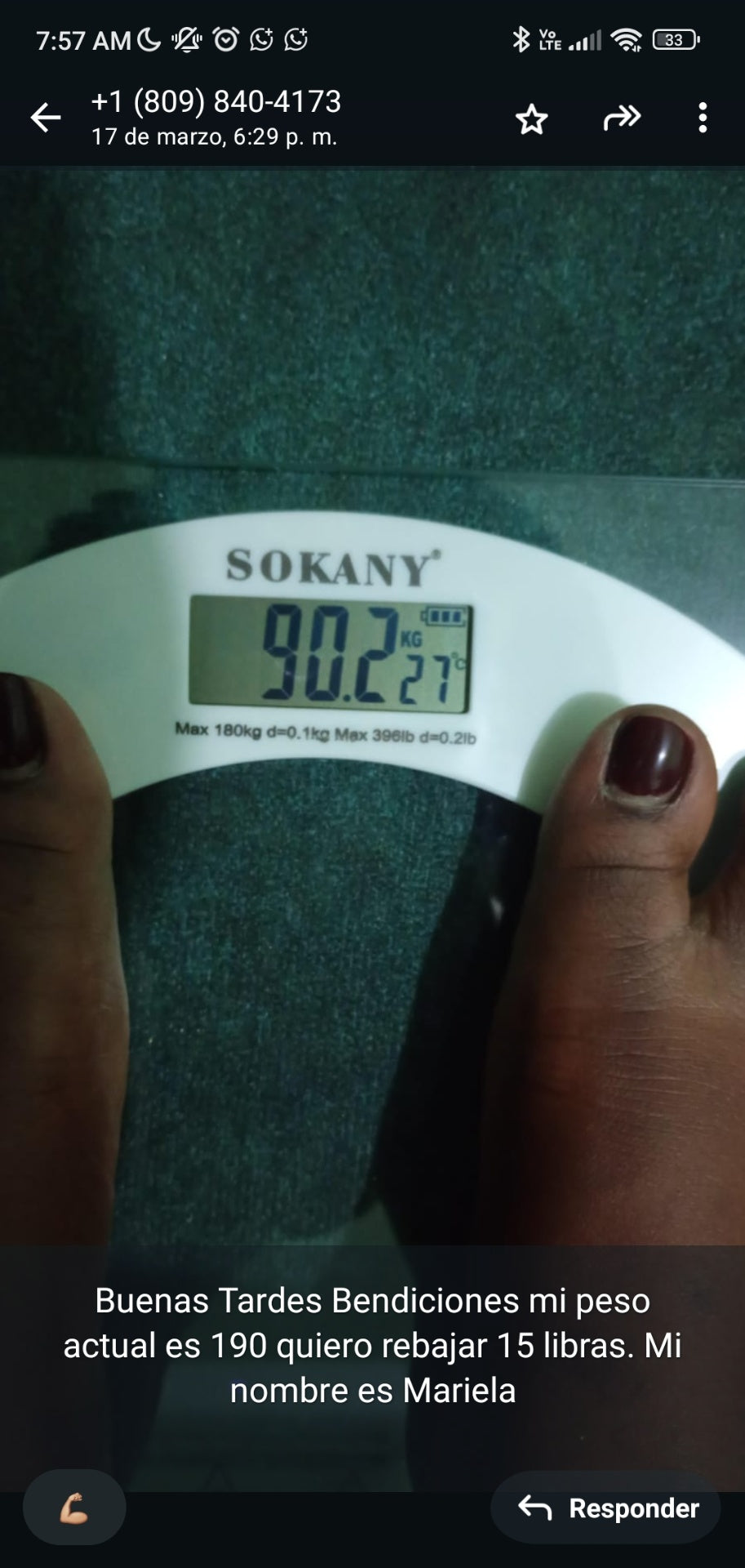 WhatsApp: Mariela compartiendo su peso inicial 90.2 kg / 190 lb